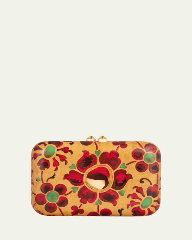 18K Yellow Gold Rectangular Marquetry Clutch with Flower Print and Citrine